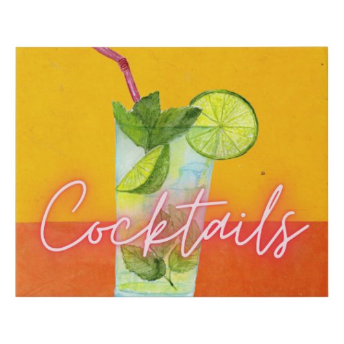 Watercolor  Neon Cocktails Bar Art Faux Canvas Print