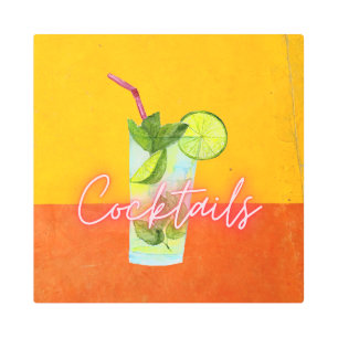 Watercolor & Neon Cocktails Metal Bar Art
