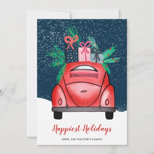 Watercolor Network Car illustration Christmas happ Holiday Card