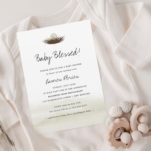 Watercolor Neutral Birds Nest Baby Shower Invitation