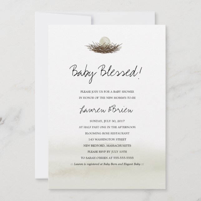 Watercolor Neutral Bird's Nest Baby Shower Invitation (Front)