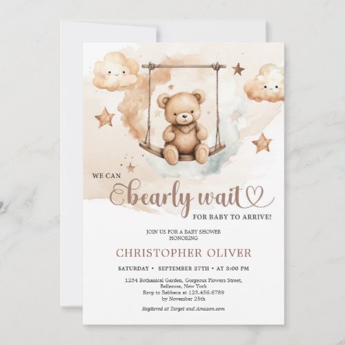 Watercolor neutral brown hues teddy bear on swing invitation