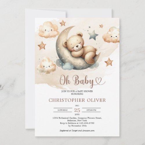 Watercolor neutral colors teddy bear over the moon invitation