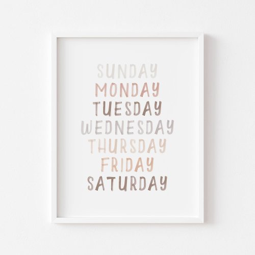 Watercolor neutral days of week educational poster