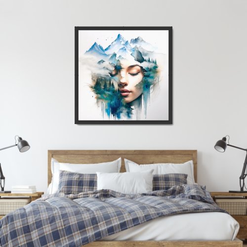 Watercolor neutral earth double exposure of woman  framed art