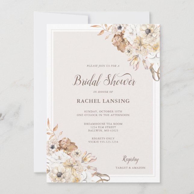 Watercolor Neutral Floral Bridal Shower Invitation (Front)
