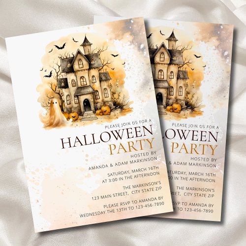 Watercolor Neutral Haunted House Halloween Party Invitation