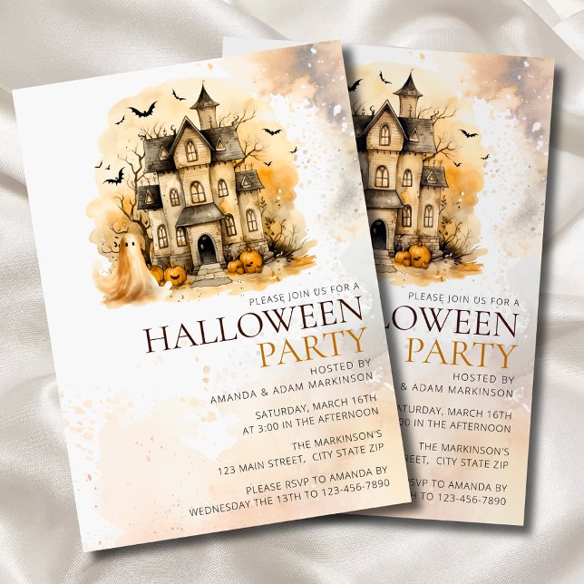 Watercolor Neutral Haunted House Halloween Party Invitation (Creator Uploaded)