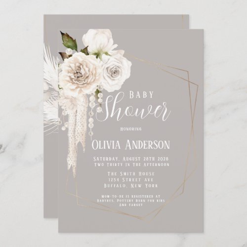 Watercolor Neutral Pearls and Florals Baby Shower Invitation