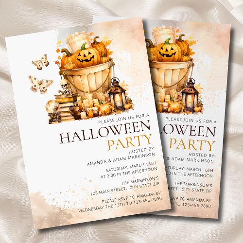 Watercolor Neutral Pumpkins Halloween Party Invitation