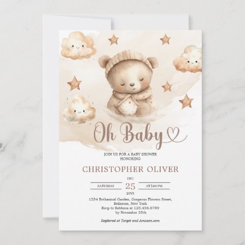 Watercolor neutral sleeping teddy bear  invitation