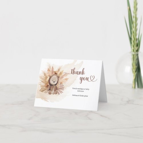 Watercolor neutral teddy bear tropical dry leaves thank you card