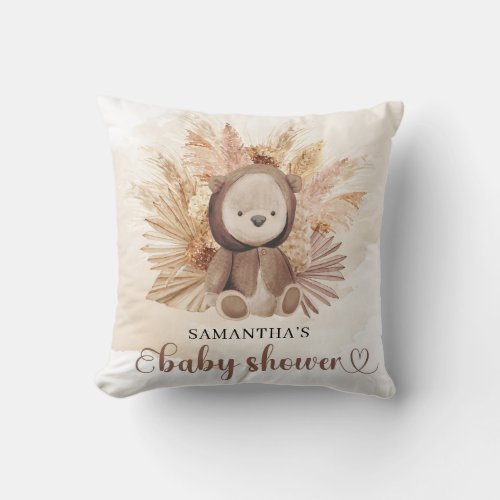 Watercolor neutral teddy bear tropical dry leaves throw pillow