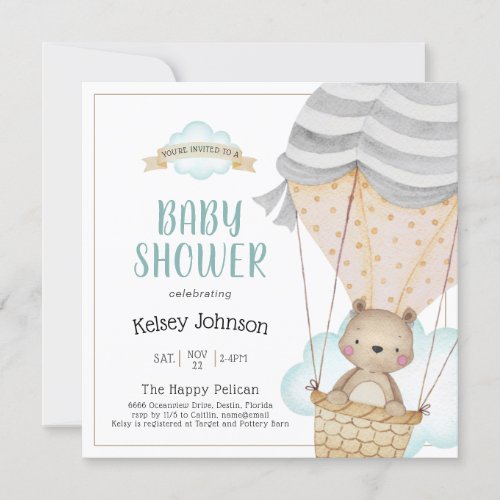 Watercolor Neutral Woodland Teddy Bear Baby Shower Invitation