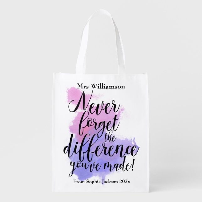Watercolor Never Forget Teacher Appreciation Grocery Bag (Front)
