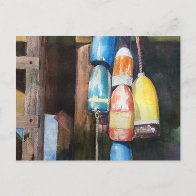 Watercolor New England Lobster Buoys Postcard (Front)