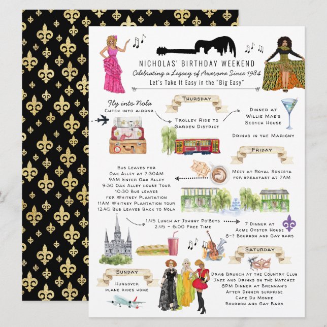 Watercolor New Orleans Birthday Weekend Itinerary Invitation (Front/Back)