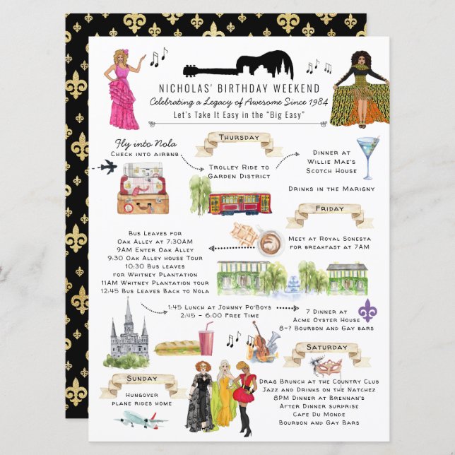 Watercolor New Orleans Birthday Weekend Itinerary Invitation (Front/Back)