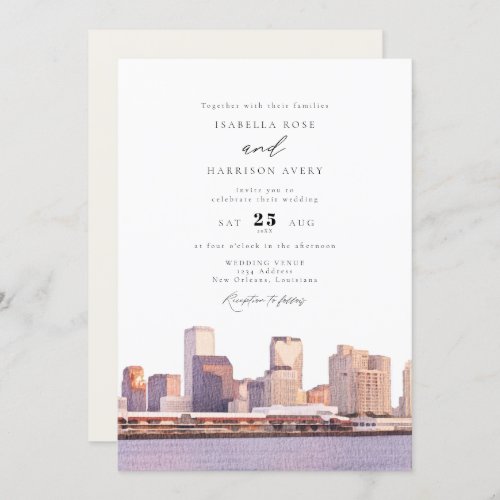 Watercolor New Orleans Louisiana Skyline Wedding Invitation