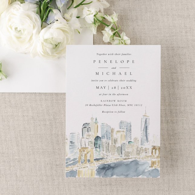 Watercolor New York City USA Destination Wedding Invitation (New York City skyline watercolor wedding invitation.)