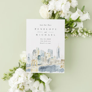 Watercolor New York City USA Destination Wedding Save The Date