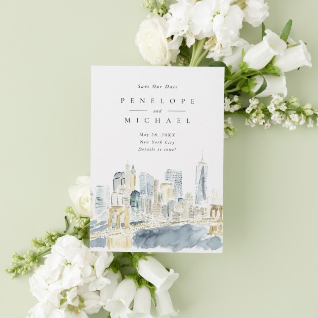 Watercolor New York City USA Destination Wedding Save The Date (New York City skyline Save the Date announcement card.)