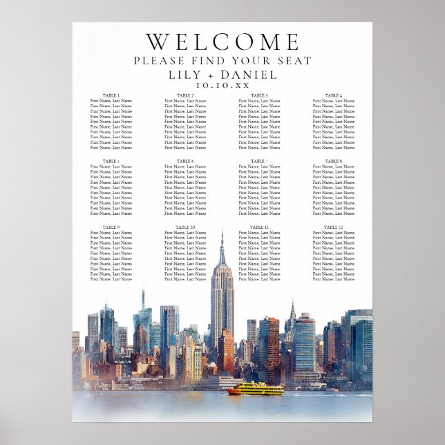 Watercolor New York City Wedding Seating Chart (Front)