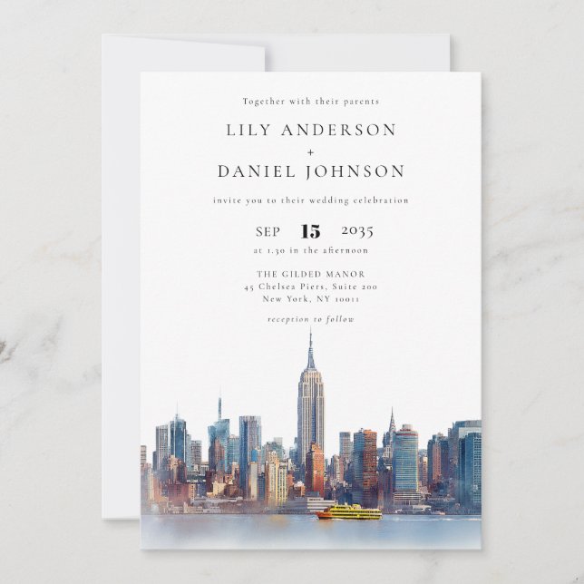 Watercolor New York Skyline QR Code Wedding Invitation (Front)