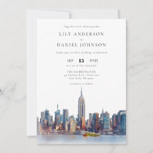 Watercolor New York Skyline QR Code Wedding Invitation