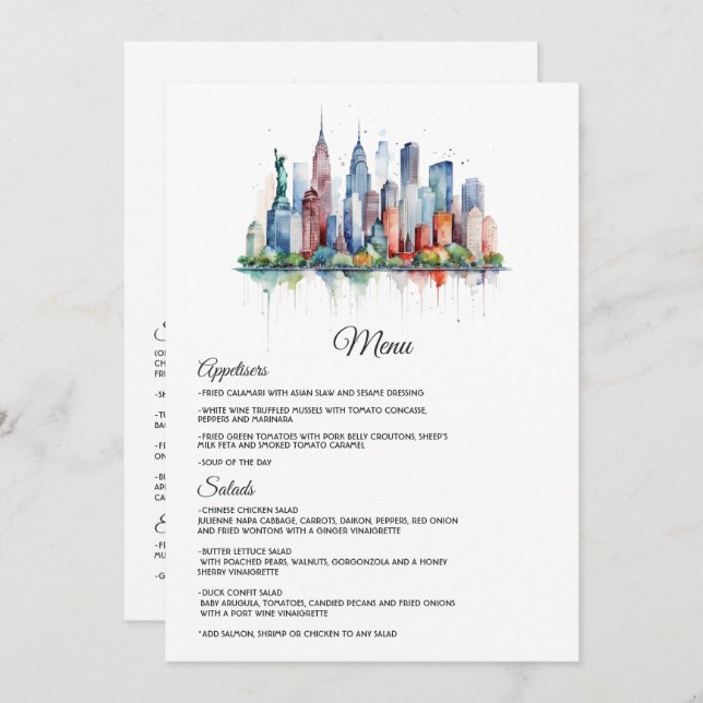 Watercolor New York Wedding Menu (Front/Back)