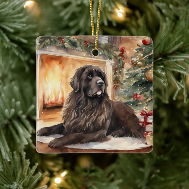 Watercolor Newfoundland - Xmas Scene 2 Ceramic Ornament (Tree)