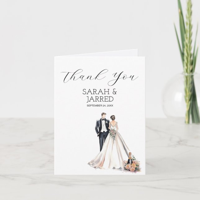 Watercolor Newlyweds Wedding Thank You Card (Front)
