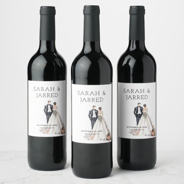 Watercolor Newlyweds Wedding Wine Label (Bottles)