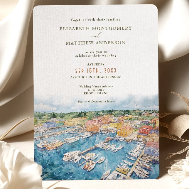 Watercolor Newport Harbor Coastal Wedding Invitation (Creator Uploaded)