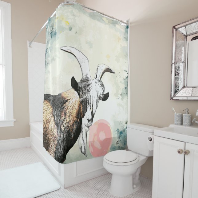 Watercolor Nigerian Goat Blows Bubblegum Bubble Shower Curtain (In Situ)