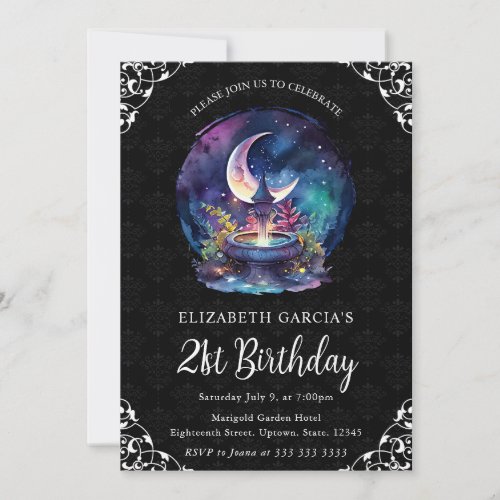 Watercolor Night Fantasy Fountain 21st Birthday Invitation