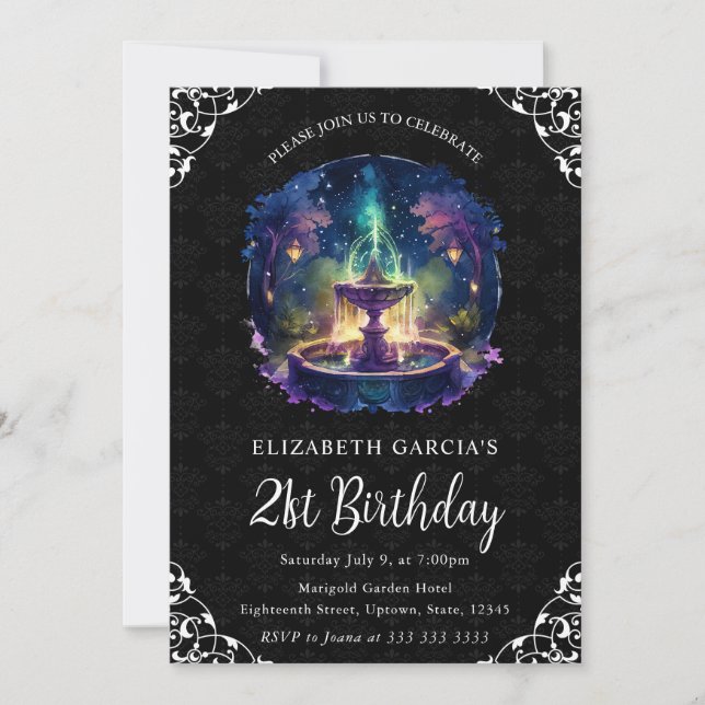 Watercolor Night Fantasy Fountain 21st Birthday Invitation (Front)