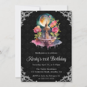 Watercolor Night Floral Fountain 21st Birthday Invitation