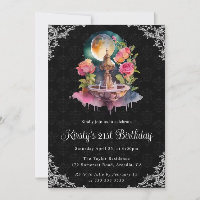Watercolor Night Floral Fountain 21st Birthday Invitation (Front)