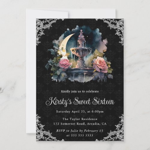 Watercolor Night Floral Fountain Sweet Sixteen Invitation