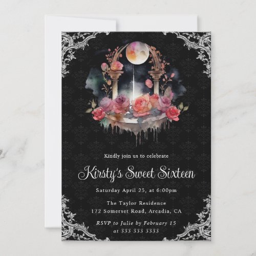 Watercolor Night Floral Fountain Sweet Sixteen Invitation