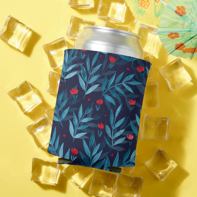 Watercolor night garden - turquoise, blue and red can cooler (In Situ Summer)