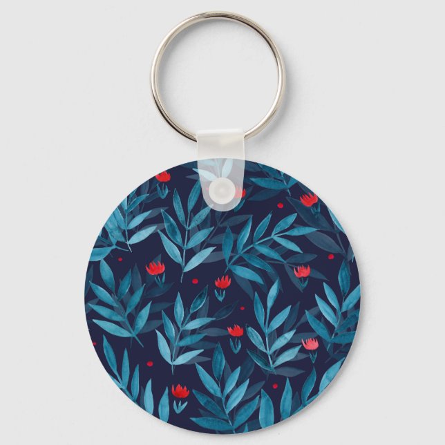 Watercolor night garden - turquoise, blue and red keychain (Front)