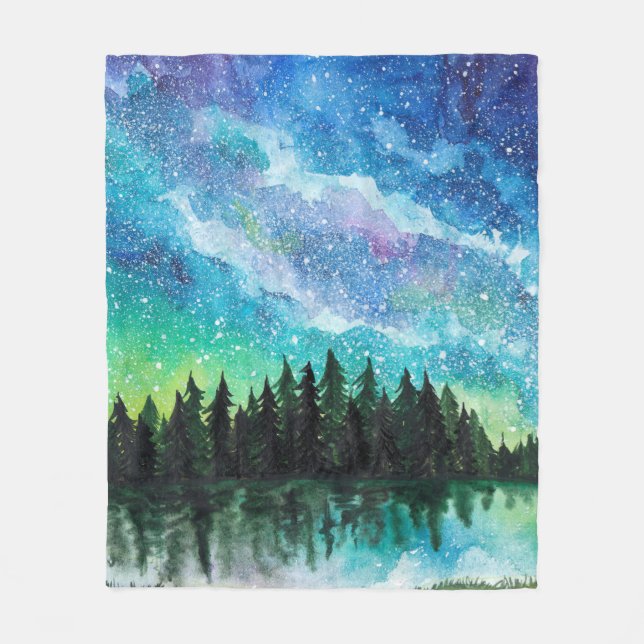Watercolor night landscape Milky Way Fleece Blanket (Front)