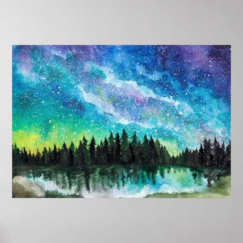 Watercolor night landscape Milky Way Poster