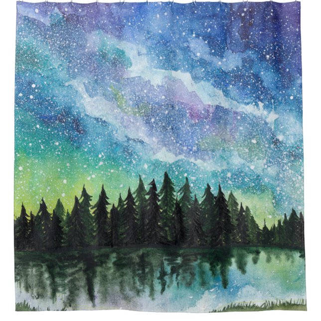 Watercolor night landscape, Milky Way Shower Curtain (Front)