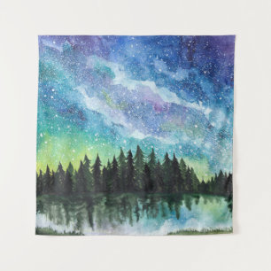 Watercolor night landscape, Milky Way Tapestry