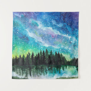 Watercolor night landscape Milky Way Tapestry