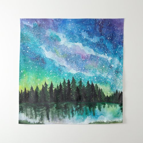Watercolor night landscape Milky Way Tapestry