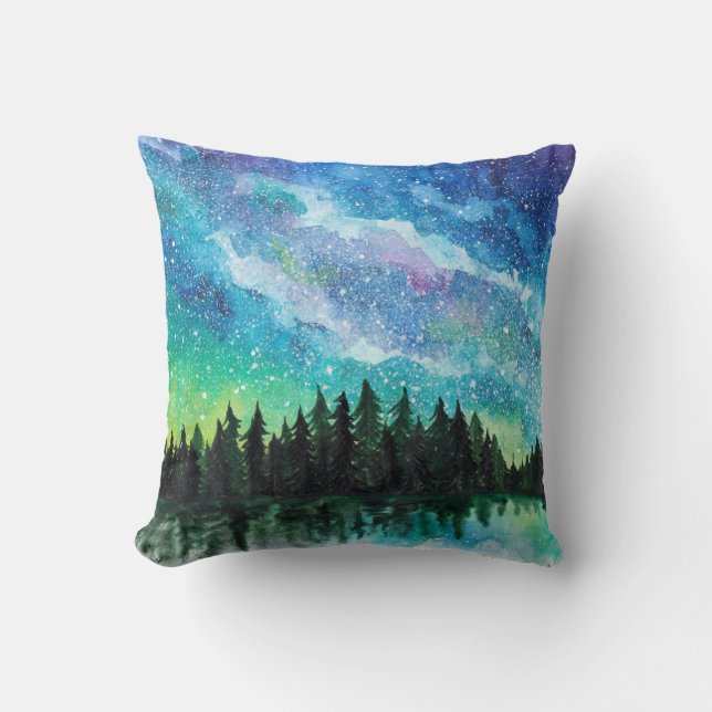 Watercolor night landscape Milky Way Throw Pillow (Front)